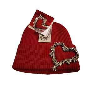 Women's Hat Winter Red  Beanie Embellished w/Jewel Rhinestones Heart